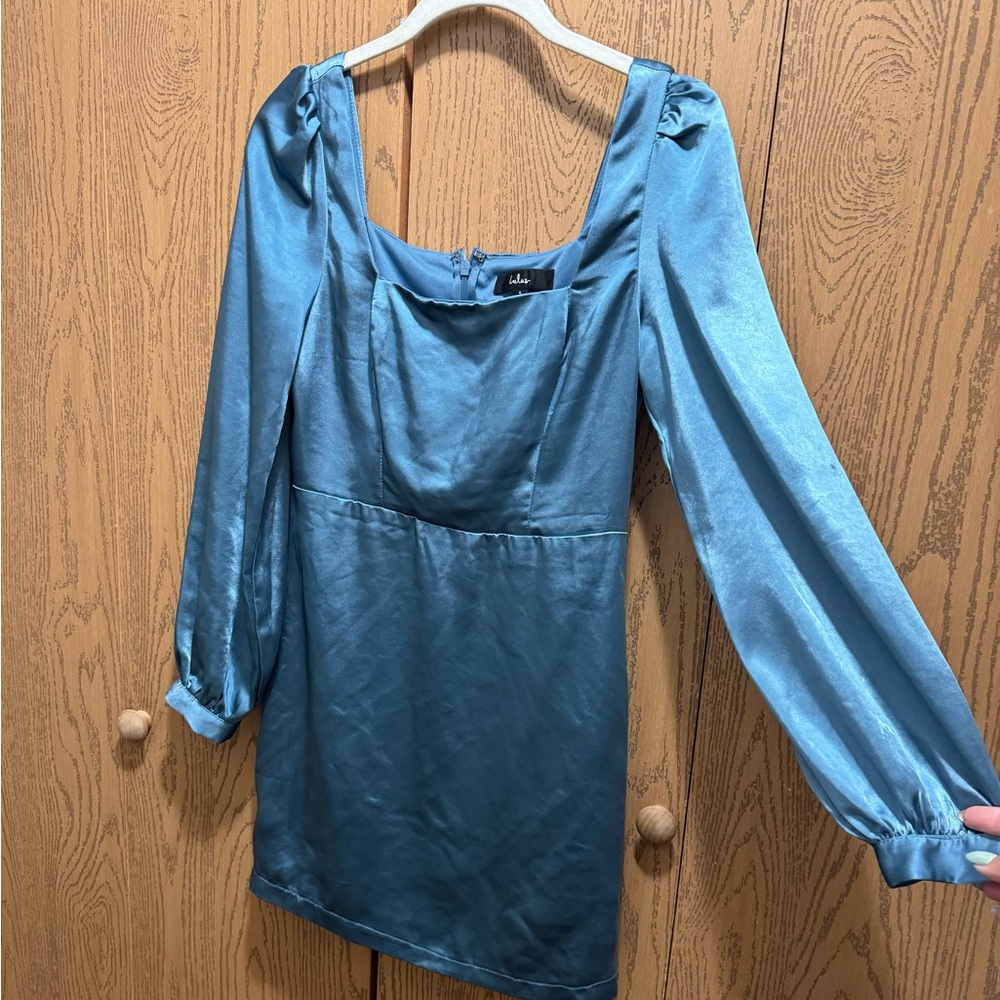 Lulus Blue Satin Long Sleeve Dress